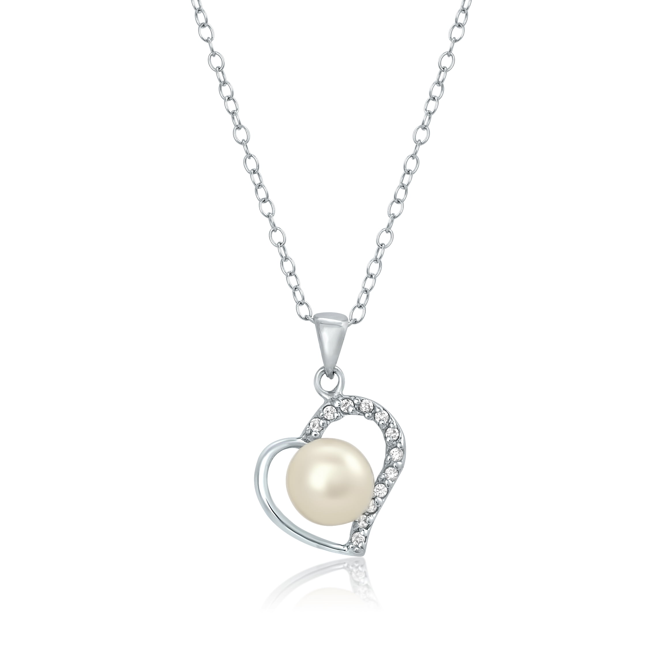 Pearlyta Sterling Silver Heart Pearl and CZ Pendant Necklace | Walmart ...