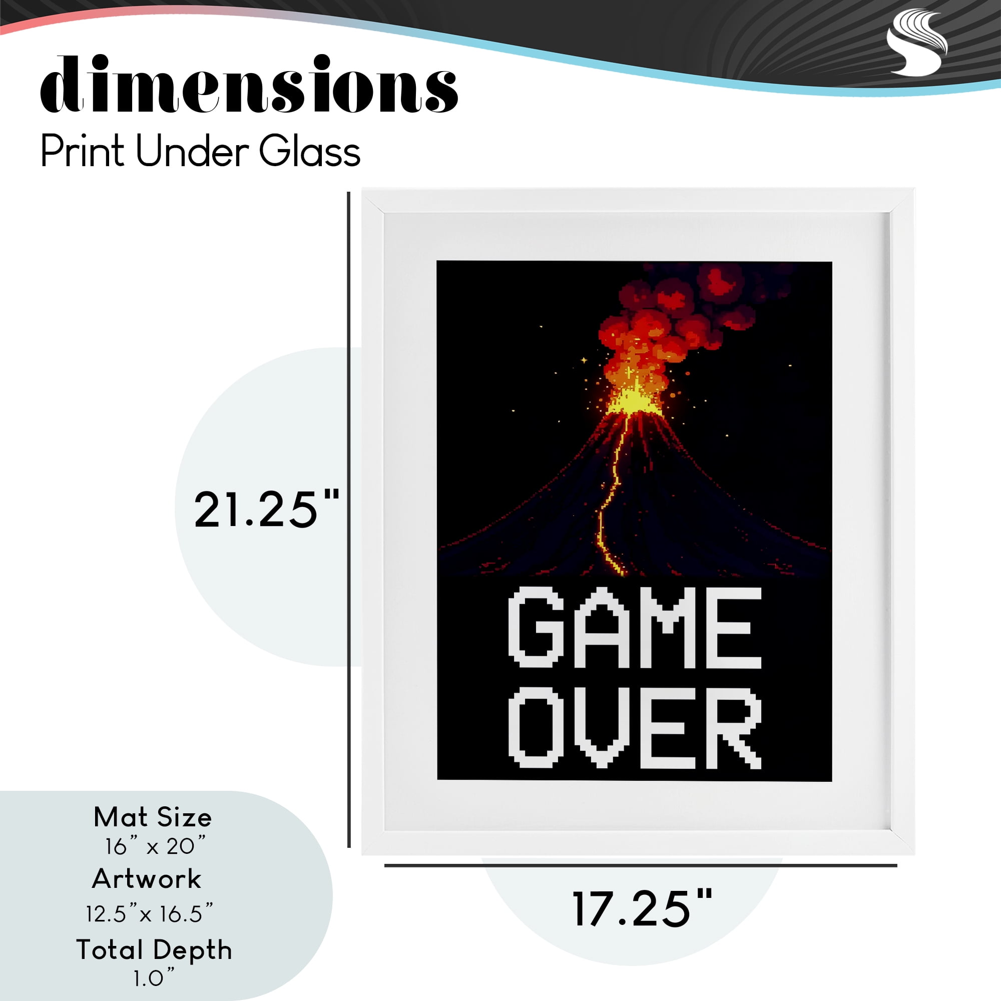 Pixel Volcano Game Over White Framed Print Under Glass, design by Kim Allen