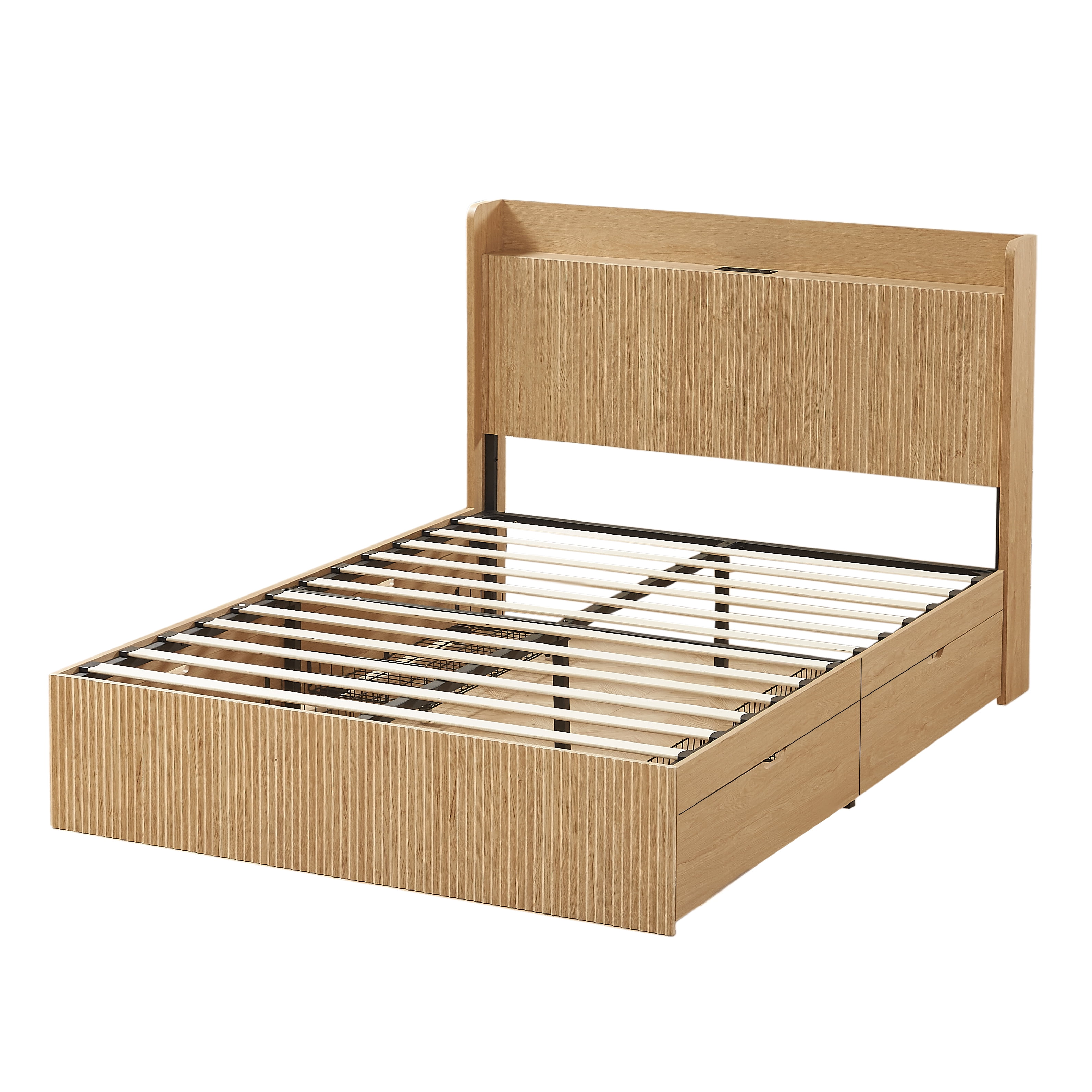 GARITIN Queen Size Platform Bed Frame with 4 Storage Drawers & Built-in Charging Station, Wooden Storage Box Bed, Large Capacity Organizer for Bedroom, Natural