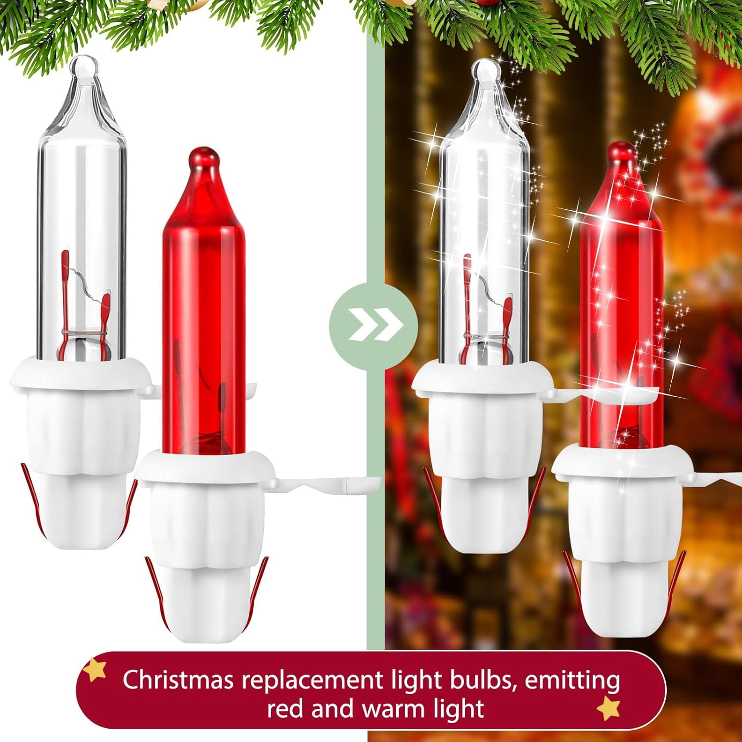 60 Count Christmas Tree Replacement Light Bulbs 2.5v 0.425 Watt Replacement Bulb Mini Incandescent Wire String Lights Decoration for Prelit Xmas Tree(Green Base with Warm White Bulb)