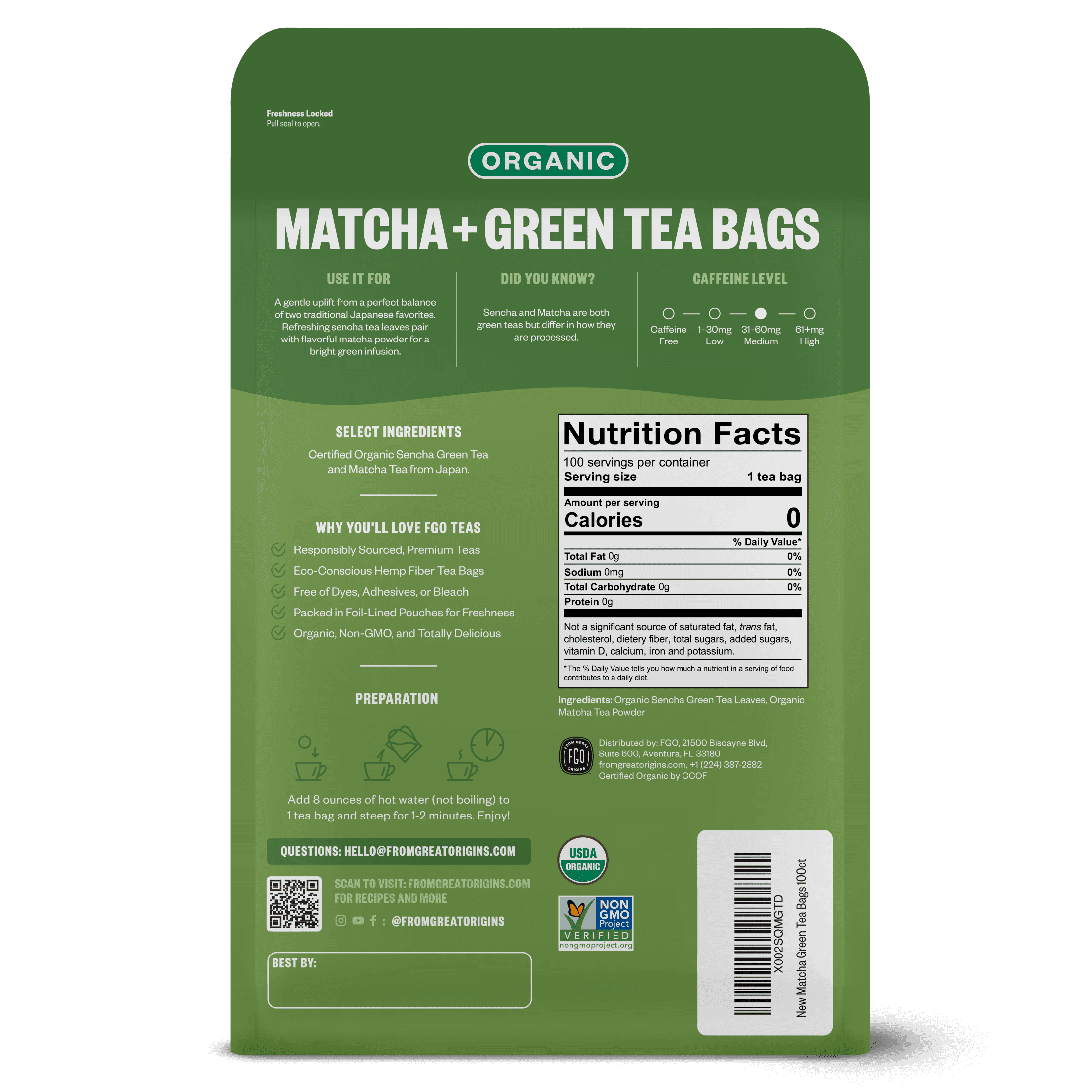 FGO Matcha + Green Tea Bags, Organic, Eco-Conscious (100 Count)