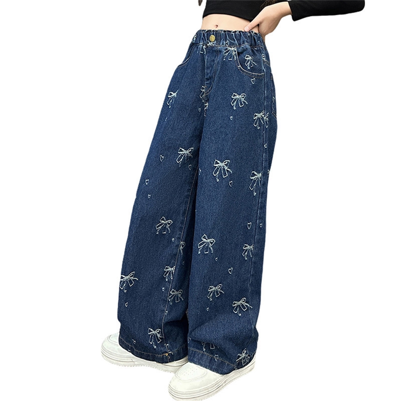Girls Jeans Size 7 Cute Print Elastic High Waist Jeans Wide Leg Loose Denim Pants Baggy Denim Pants Trousers Blue,12-13 Years
