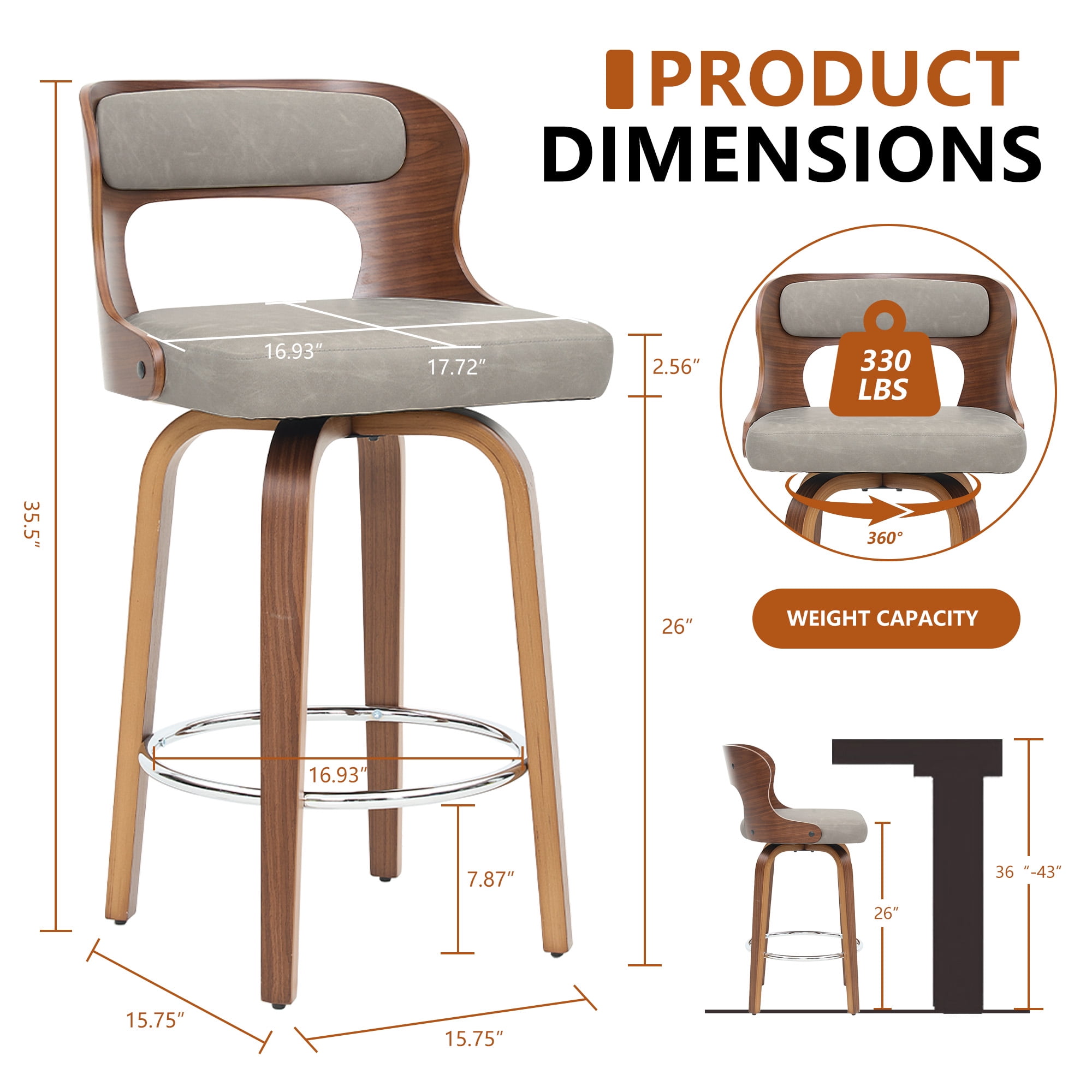ClinQ 26 inch Swivel Bar Stool Set of 1, Counter Height Bar Chair with Walnut Legs and Silver Ring Footrest, Upholstered Faux Leather, Gray