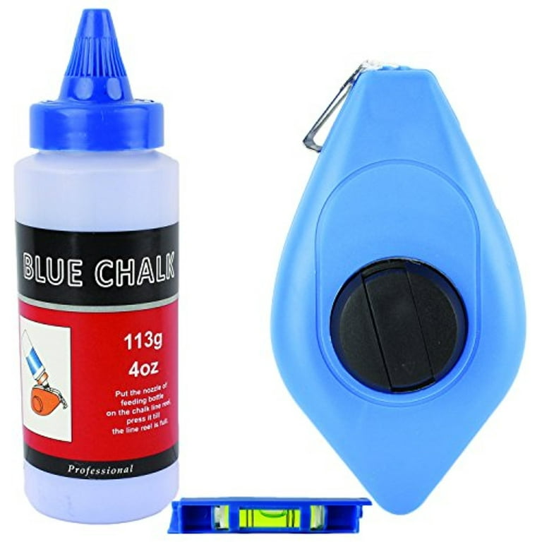 3 pc Chalk Line Reel Set - 100 Ft Line with 4 Ounce Blue Chalk and Pocket  Level