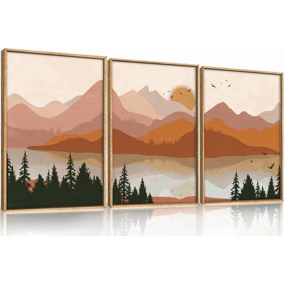 Burnt Orange Wall Decor, Boho Mountain 16x24 Wall Art Framed Large, Southwest Terracotta Nature Art Canvas Painting, Mid Century Modern Rustic Sunset Prints for Living Room, Bedroom, Office