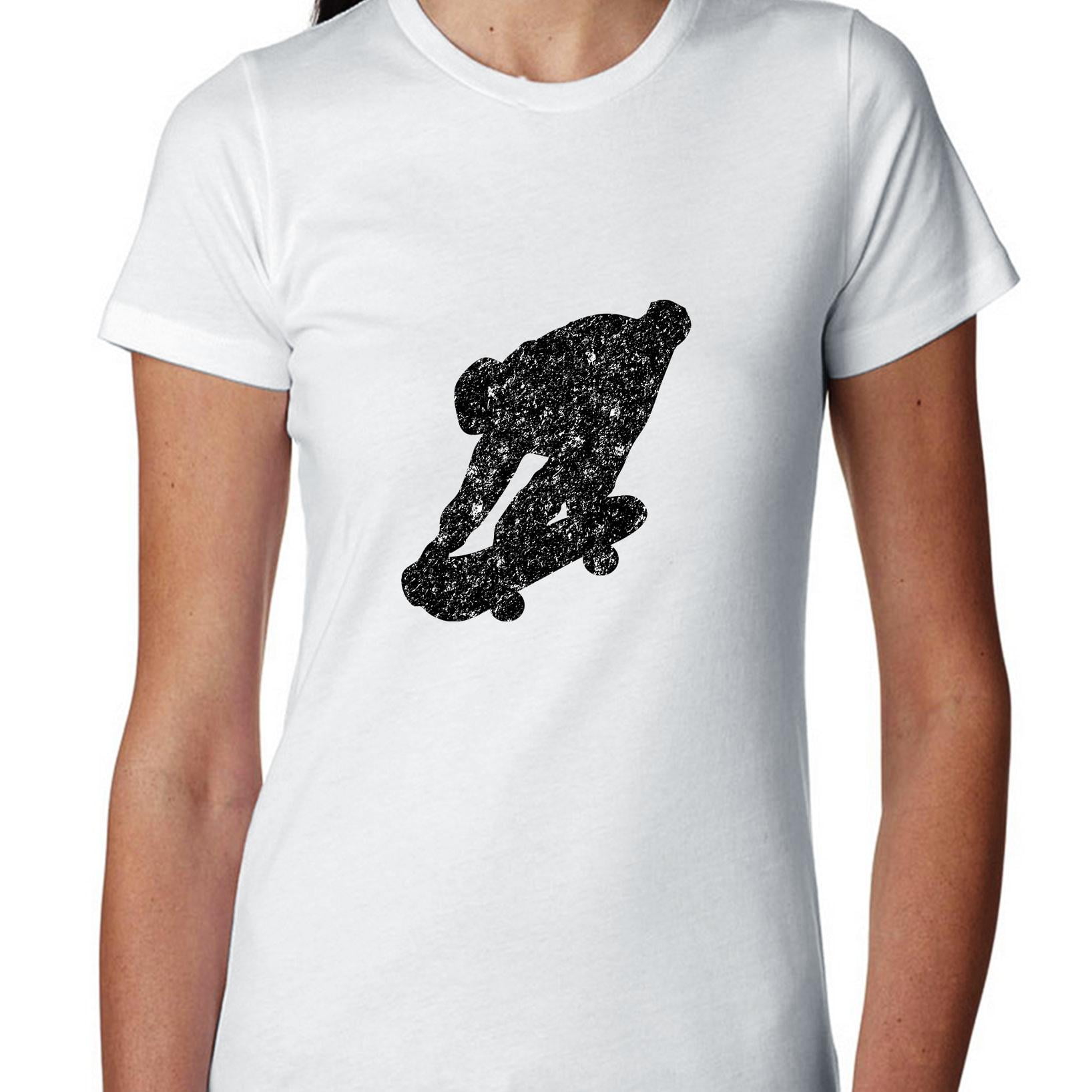 Trendy Skateboard Riding Large Graphic Silhouette Women's Cotton T-Shirt by Hollywood Thread