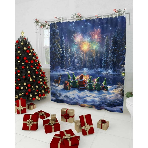 Christmas Shower Curtain, Santa Gnomes Xmas Tree Snowflake Waterproof Washable Boho Funny Cute Shower Curtains Set for Bathroom Farmhouse Bathtubs Decor with Hook, 72"Wx84"L
