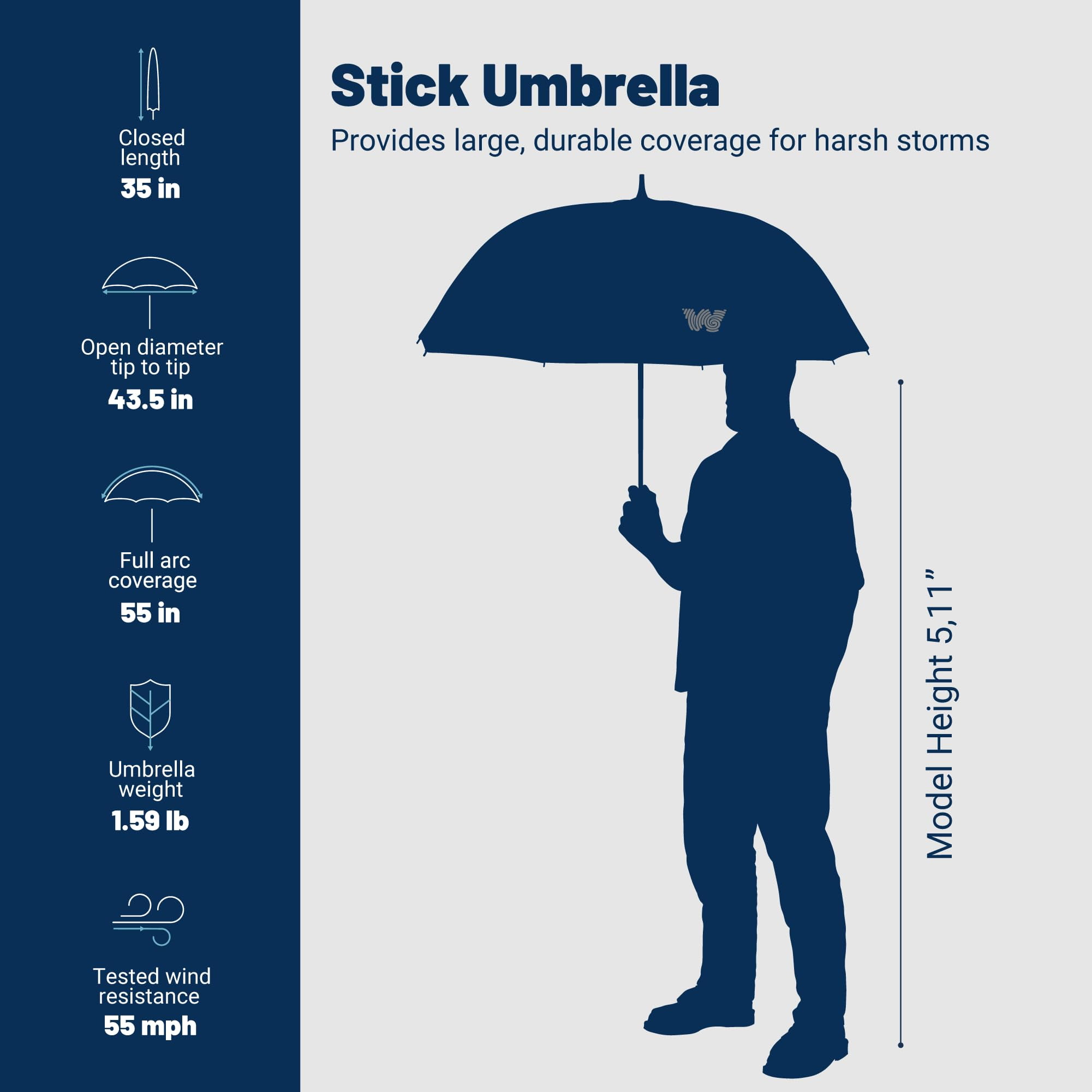 Weatherman Umbrella - Stick Umbrella - Windproof Umbrella Resists Up to 55 MPH Winds (Navy Blue)