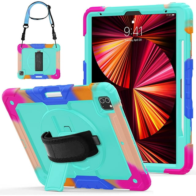 iPad Pro 12.9 Case 2020 with Screen Protector Pencil Holder | Full Body Shockproof Rugged Protective Durable Rubber Case w/360 Rotating Stand & Strap for iPad Pro 12.9 inch 4th Generation