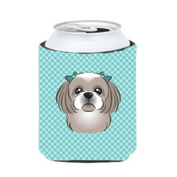 Checkerboard Blue Gray Silver Shih Tzu Can Or Bottle Hugger, 12 Oz.