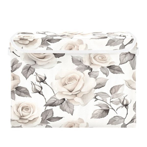 Storage Box With Lid 16.5x12.6x11.8In Foldable Stacked Household Storage Box White Roses