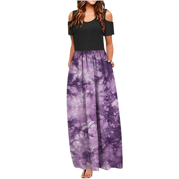 Summer Saving Wycnly Dresses for Women 2024 Empire Waist Smocked Swing Pocket Cold Shoulder Dresses Short Sleeve CrewNeck Tie-Dye Summer Maxi Sun Dress Purple S Up to 65% off