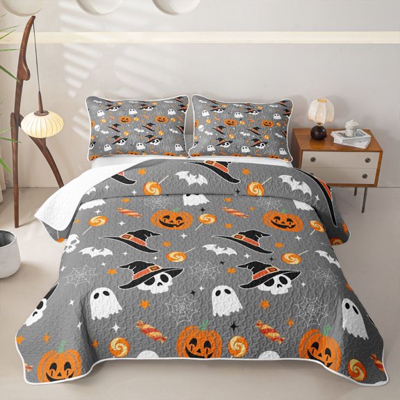 Homewish Spooky Halloween Themed Twin Quilt Set,Witch Hat Skull Pumpkin Candy Pattern Twin Coverlet Set,Gray Black,2-Piece