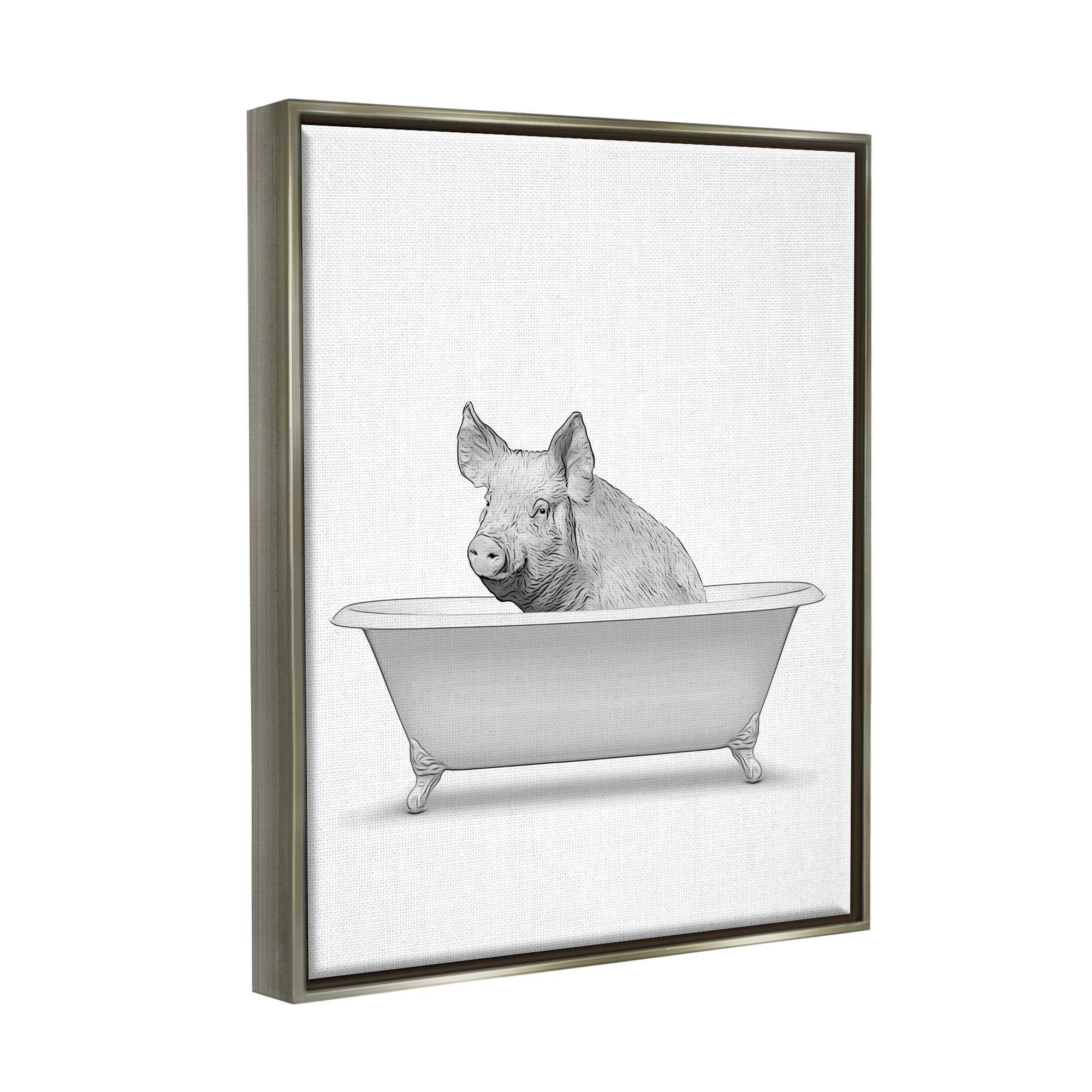 Stupell Industries Pig In Tub Bathroom Animal Animals & Insects Painting Gray Floater Framed Art Print Wall Art
