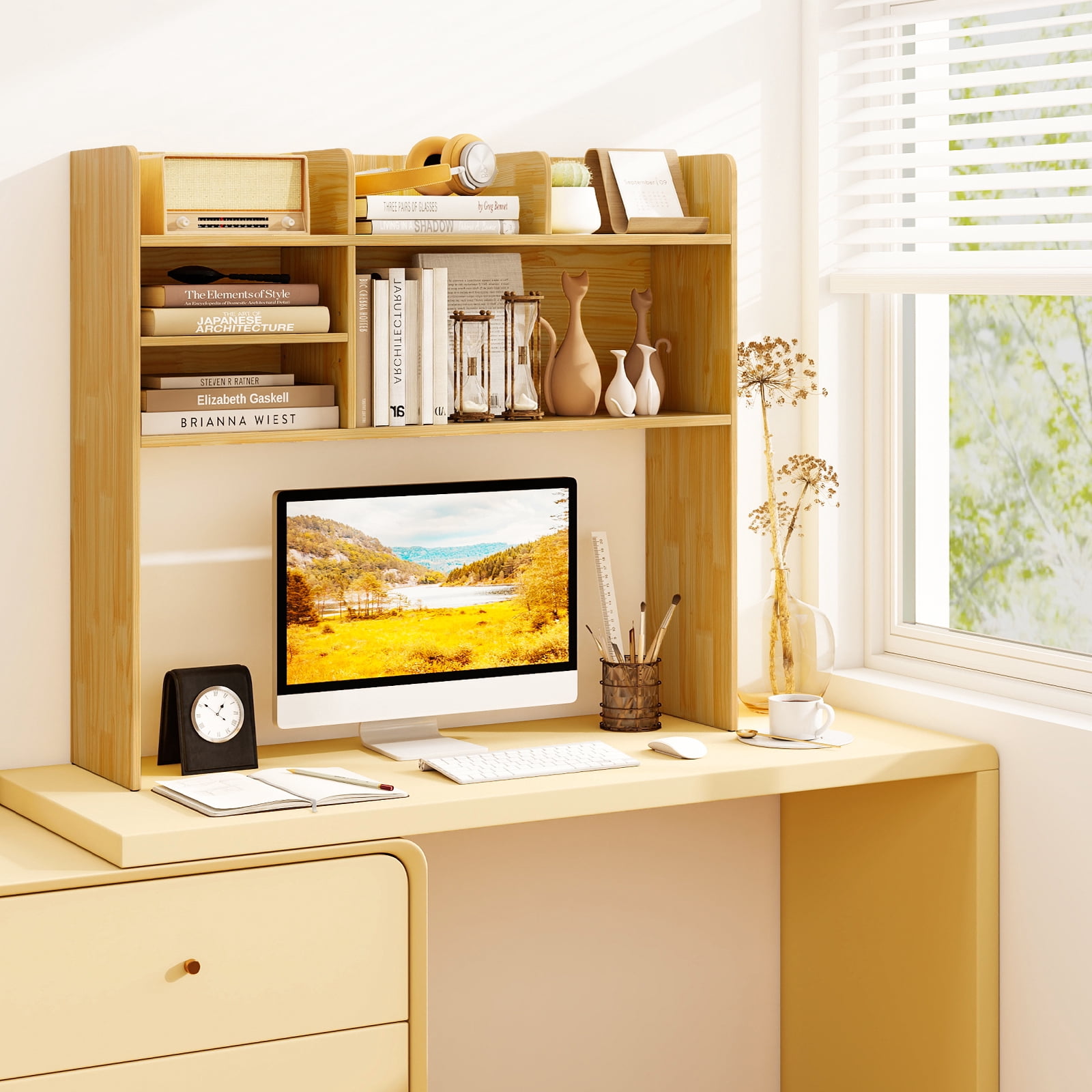 Costway 3-Tier Desktop Bookshelf with 6 Shelves Desk Organizer for Computer Desk Beige