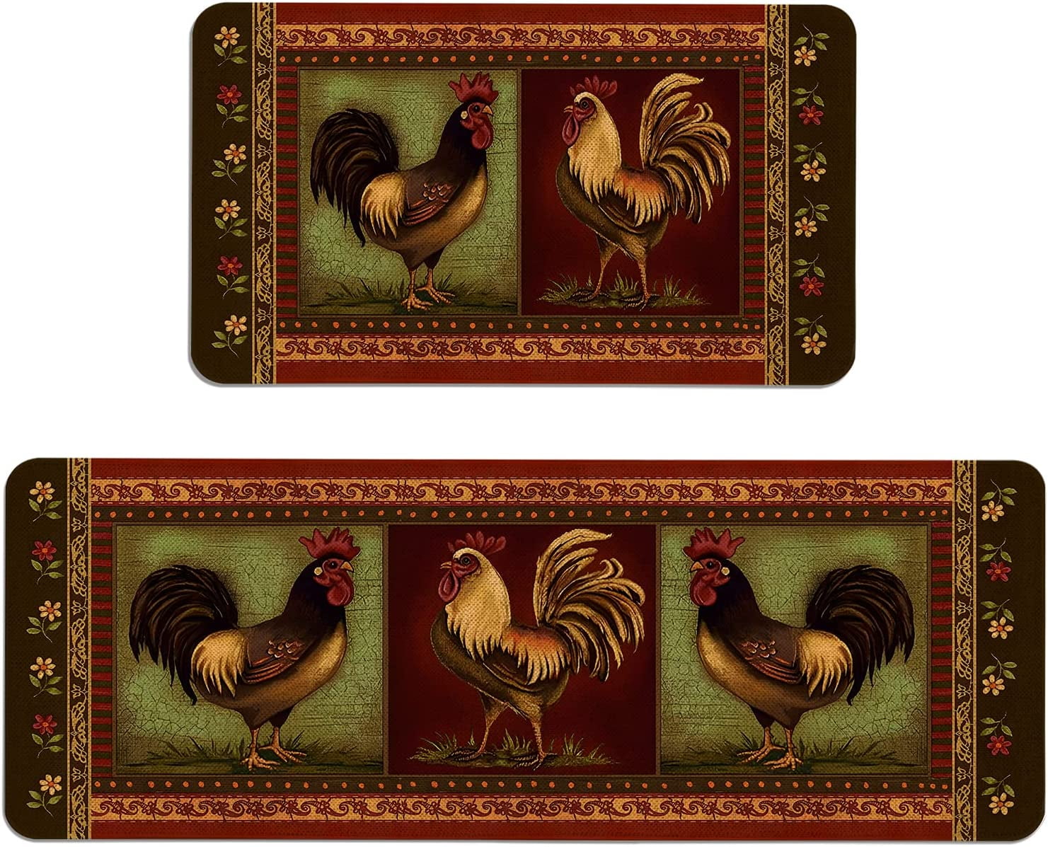 Farmhouse Kitchen Rugs and Mats Set of 2, Farm Rooster Kitchen Mat