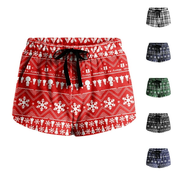 Women's Soft Stretch Flannel Christmas Print Drawstring Side Pocket Casual Pajama Shorts, Olive Green, L