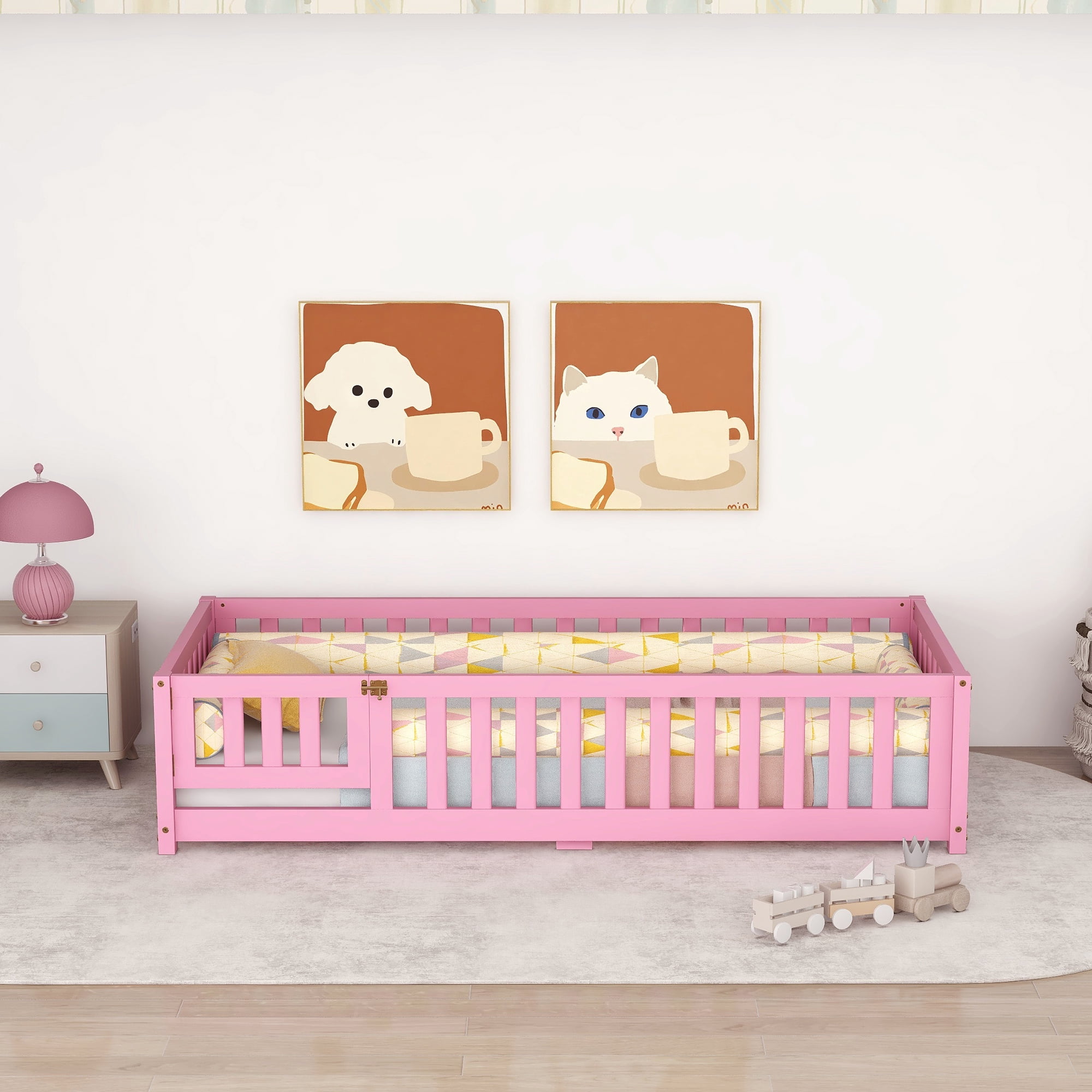 Bellemave Kids Twin Size LVL Rubber Wood Floor Bed, Pink