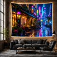 thumbnail image 5 of Nighttime Cafe on Wet Neon-Lit Cyberpunk Street, Moody Digital Art for Urban Decor Fans, Atmospheric Wall Art, Housewarming Gift, Tapestry Wall Hanging for Bedroom and Living Room, 5 of 6