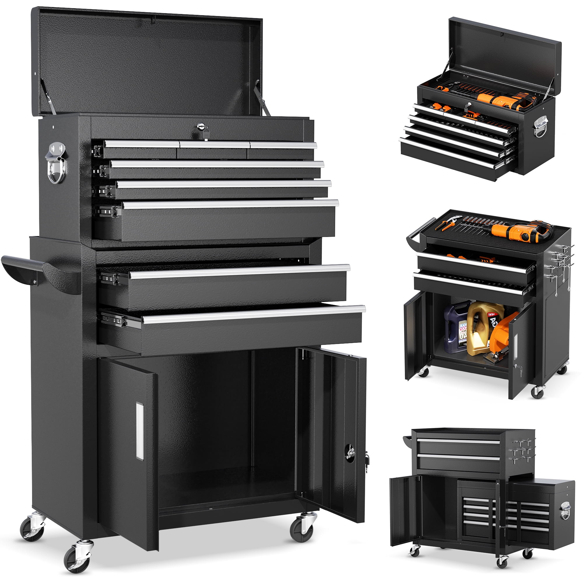 SUNCROWN 8-Drawer Metal Tool Chest, Rolling Tool Cart with Wheels,2 in 1 Detachable Tool Cabinets,Tool Box,Liners and Locking System for Garage,Warehouse,Workshop, Barbershop(Black)