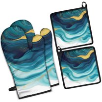 Teal Gold Marble Kitchen Oven Mitt and Pot Holder Sets 4 Pcs for Baking, Cooking and Grilling, Heat Resistant Up To 392 °F