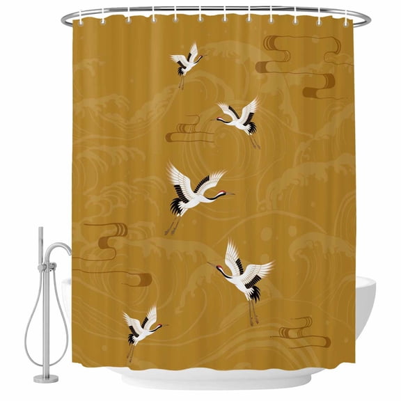 Japanese Style Shower Curtain, Waterproof Shower Curtains for Bathroom, Vintage Art Cranes Ocean Wave Yellow Washable Fabric Bathtub Curtain Set Bath Decor with 12 Hooks Long 72"x84"