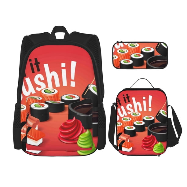 Easygdp Sushi Mochila para Niños y Niñas con Set de Caja de Almuerzo y Estuche para Lápices 3 en 1, Mochila Escolar Estampada para Adolescentes