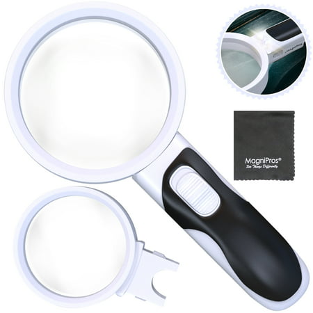 MagniPros Magnifying Glass with Bright LED Lights and 10X + 5X Illuminated 2 Lens set & Cleaning Cloth Ideal for Seniors, Maps, Macular Degeneration, Jewelry, Watch & Computer
