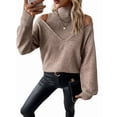 thumbnail image 3 of Women Cold Shoulder Sweater Turtelneck Cut Out Pullover Sweater Casual Long Sleeve High Neck 2 in 1 Tops Khaki S, 3 of 10