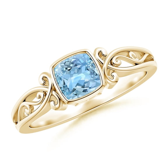 ANGARA Natural Vintage Style Cushion Aquamarine Solitaire Engagement Ring in 14K Yellow Gold for Women (Size-5mm) | March Birthstone, Anniversary, Jewelry Gift for Women | Natural Aquamarine Ring