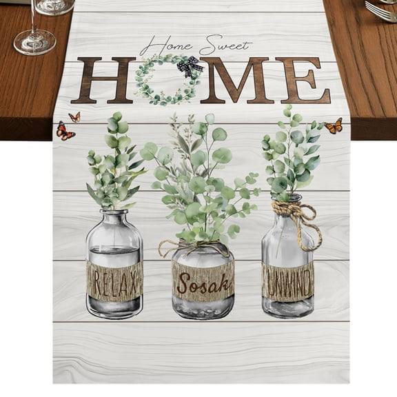 Farmhouse Table Runner 120 Inches Long, Home Sweet Home Green Eucalyptus Wood Grain Cotton Linen Dining Table Runner Dresser Scarves for Home Kitchen Party Decor 13"x120"