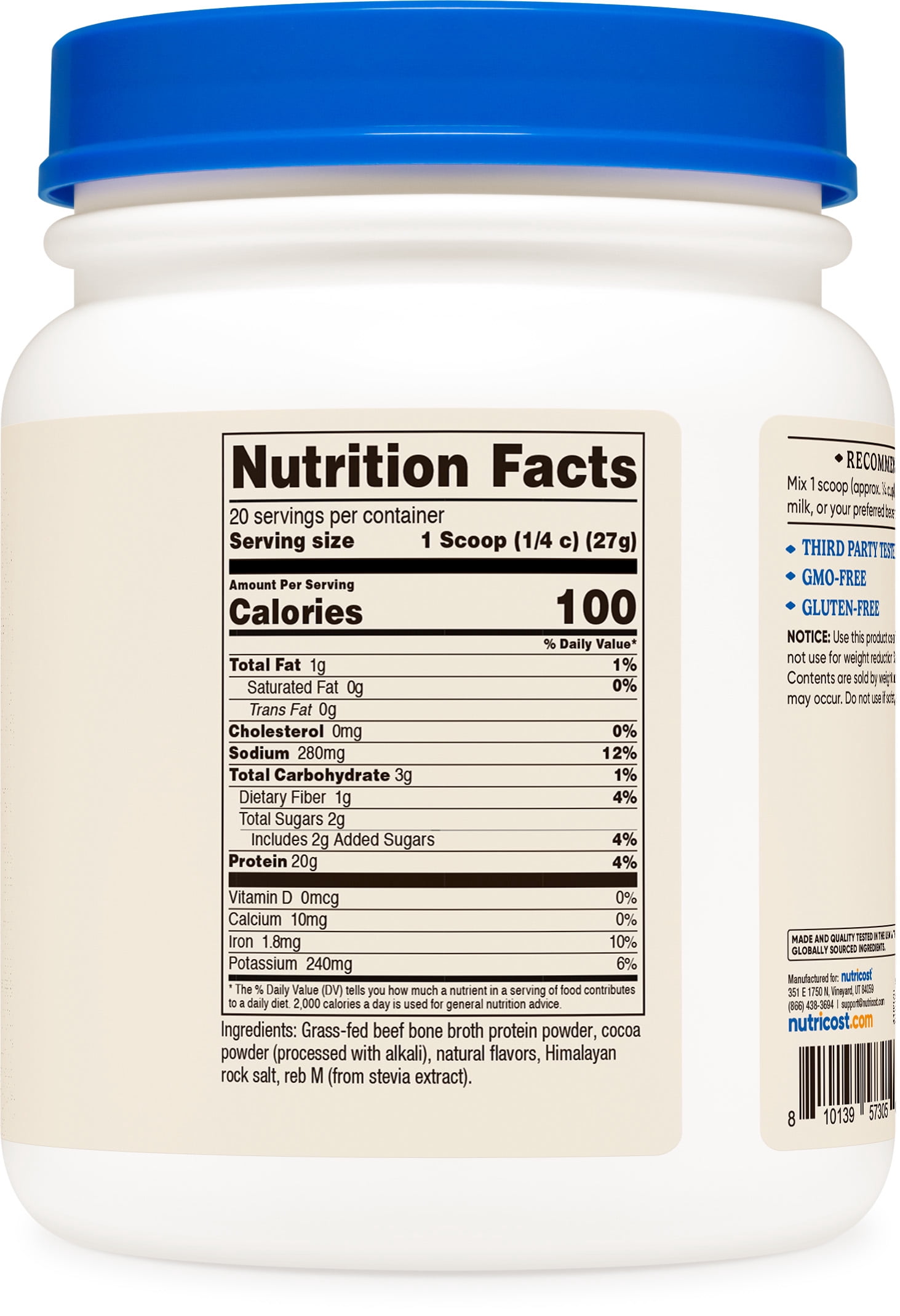 Nutricost Beef Bone Broth Protein Powder Chocolate (20 Servings) - Gluten-Free, GMO-Free