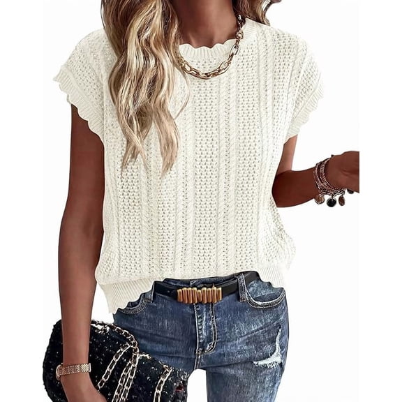 FreshPretty Sweater Vest Women Crochet Top Cap Short Sleeve Sweater 2026 Spring Summer Knit Shirt Pullover Beach Vacation Outfits