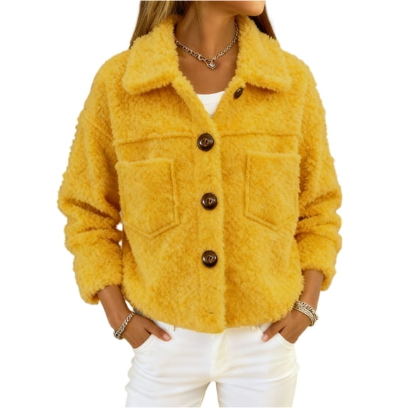 LWavelet Fuzzy Button Front Teddy Jacket Women Soft Fall Daily Trendy Cozy Casual Outerwear Yellow L