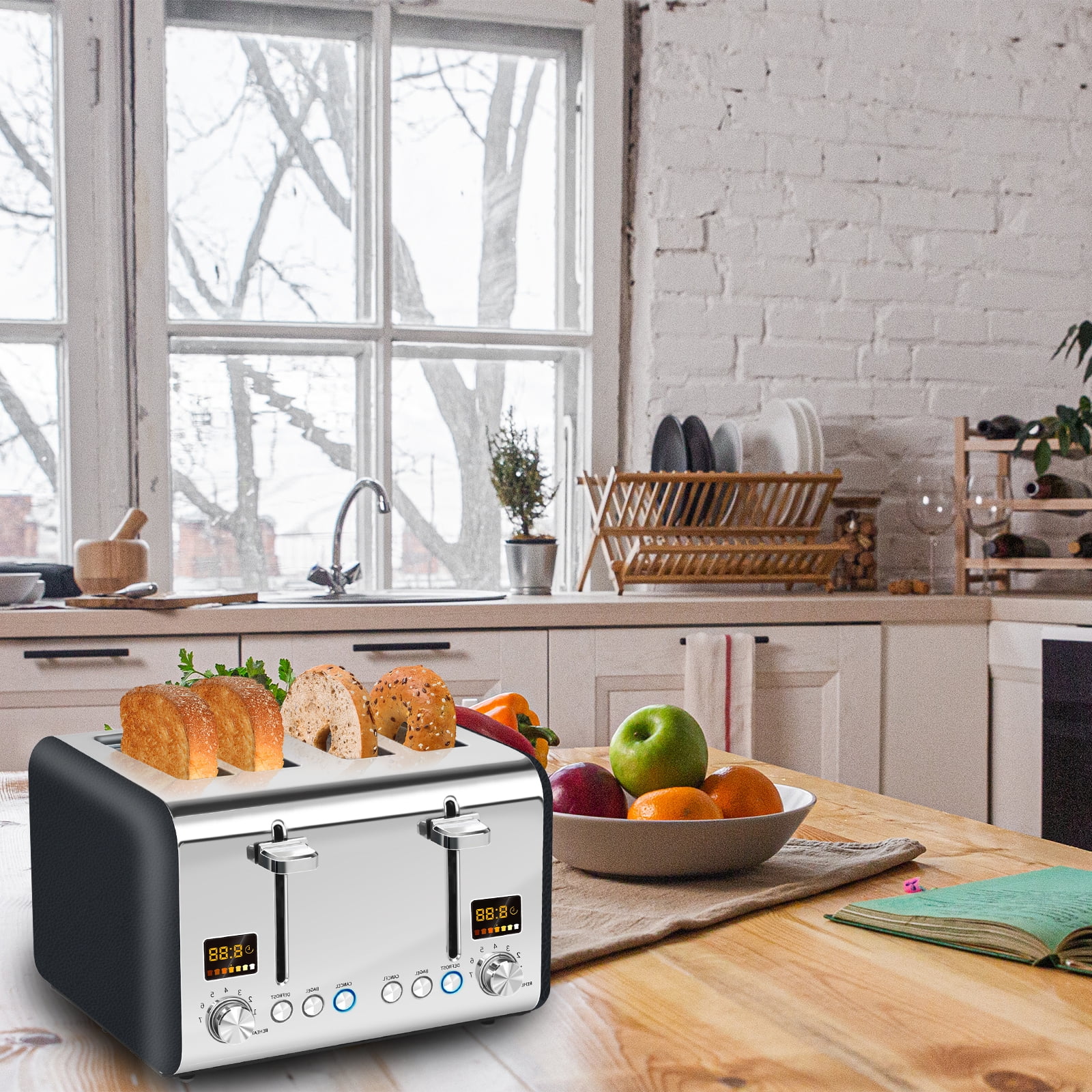 Toaster 4 Slice, Stainless Steel Bread Toaster with 2 Colorful LCD Display, 7 Shade Settings,1800W, Dark Chocolate