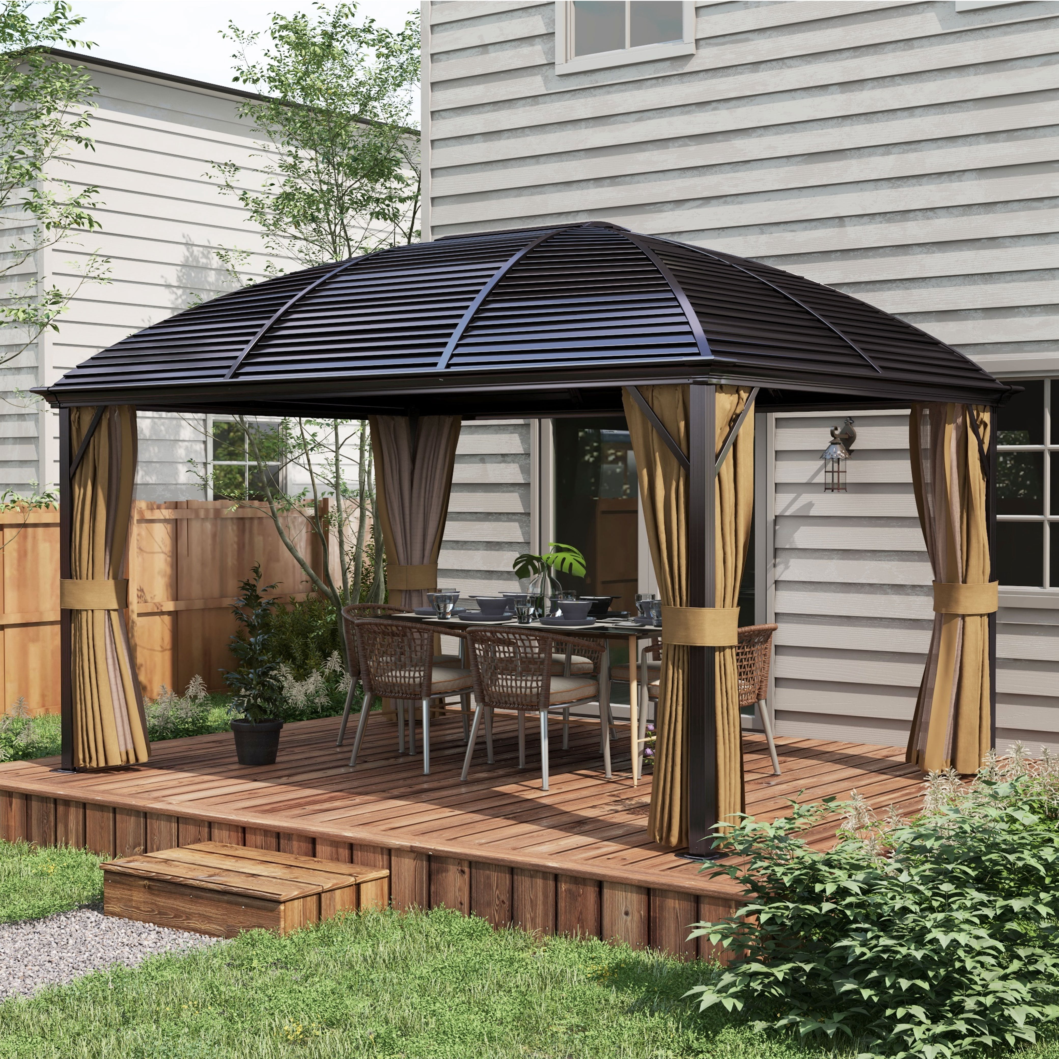 Homiyad 10' x 14' Hardtop Gazebo with Curtains, Netting, Pavilion with Steel Roof Ceiling Hook for Garden Patio, Brown