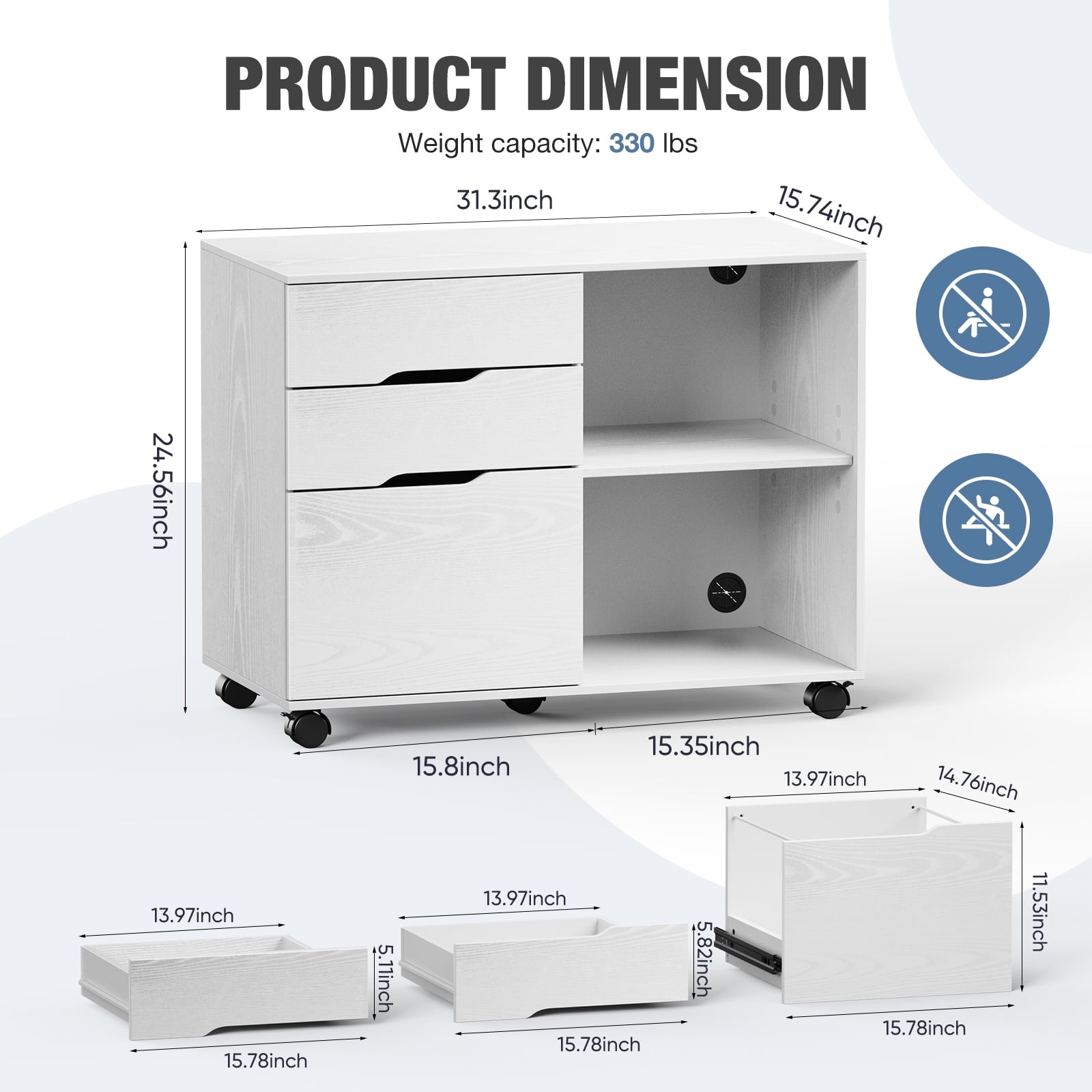 LIFERECORD 3-Drawer Wood File Cabinet with Wheels Under Desk Mobile Storage Organizer White