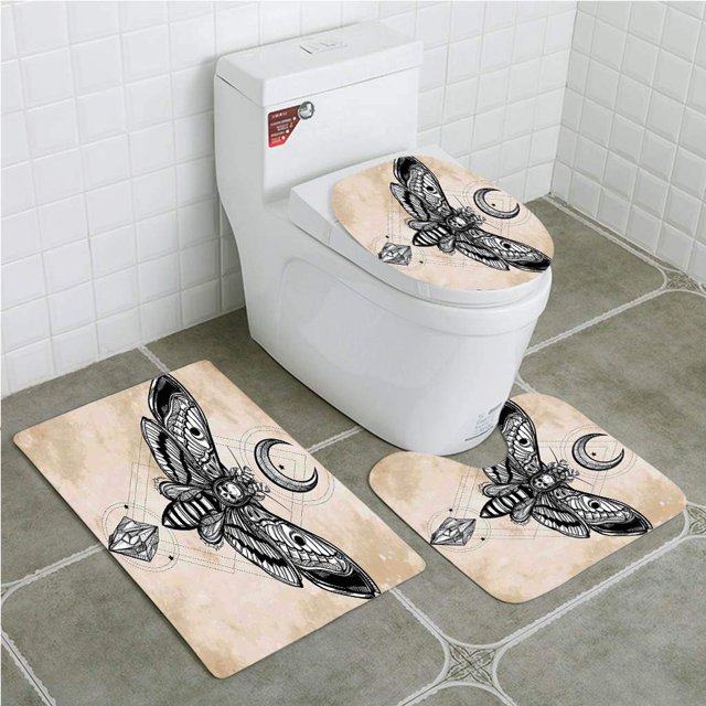 ABPHQTO Fantasía House Dead Hawk Moth Luna y piedra Cráneo mágico espiritual Juego de alfombras de baño de 3 piezas Alfombra de baño Alfombra de contorno y tapa de inodoro ABPHQTO Cont-CHAPPLE-31489