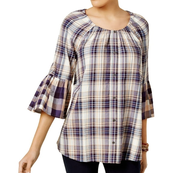 Style & Co. Womens Multi Plaid Pullover Blouse, Purple, X-Small