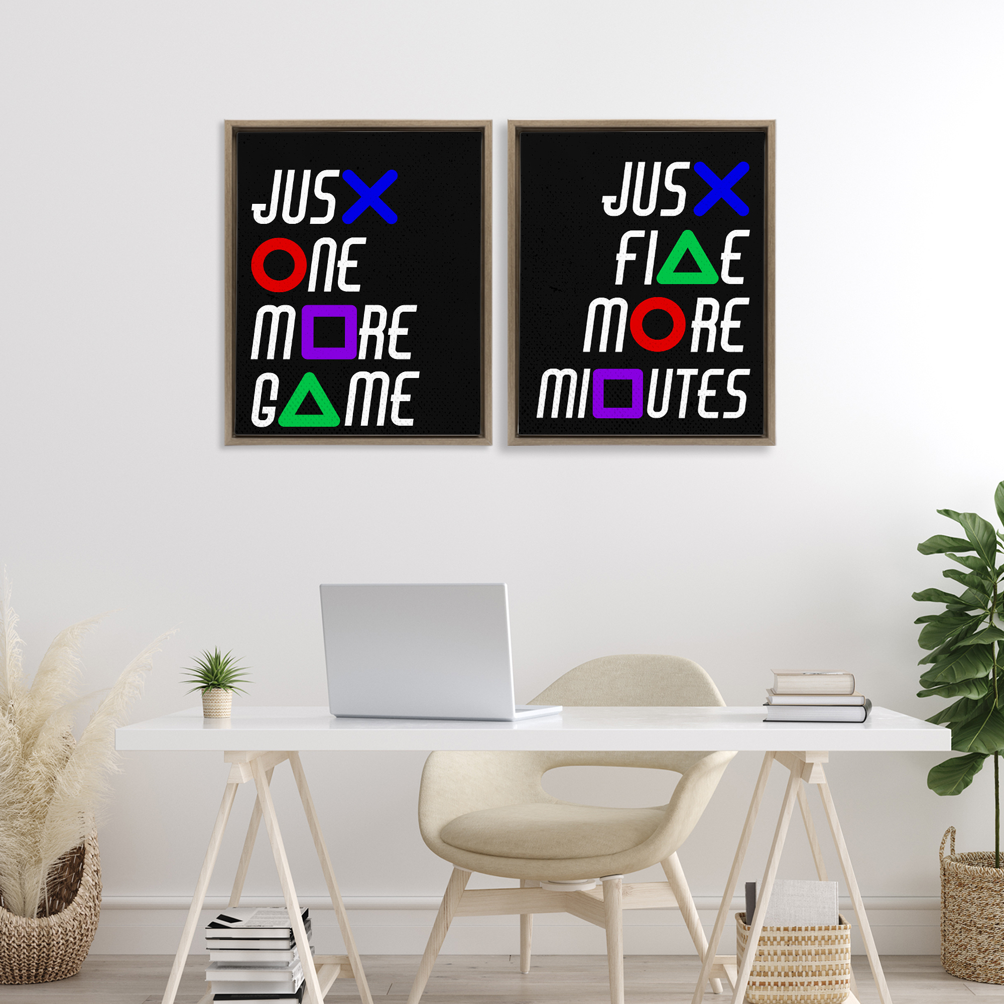 Gamer Button Symbols Phrases 2 Piece Brown Framed Floater Canvas Set, design by Kim Allen