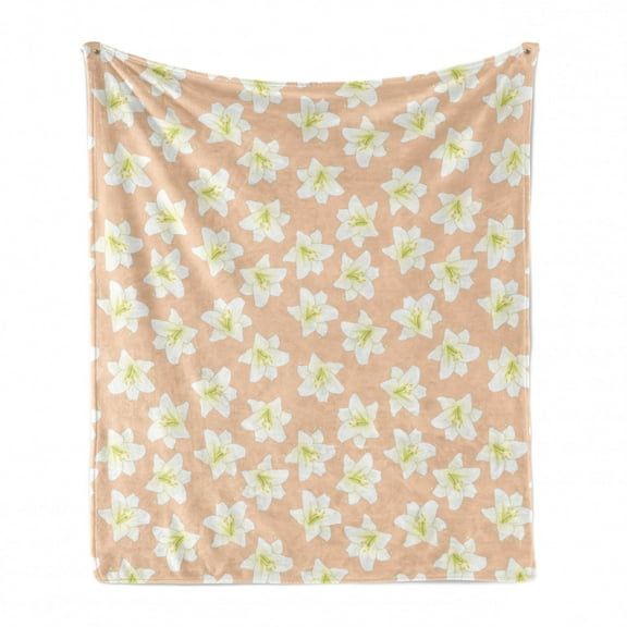 Floral Soft Flannel Fleece Throw Blanket, Abstract Lilium Candidum Flowers in Spring Tones, Cozy Plush for Indoor and Outdoor Use, 60" x 80", Peach Green, by Ambesonne