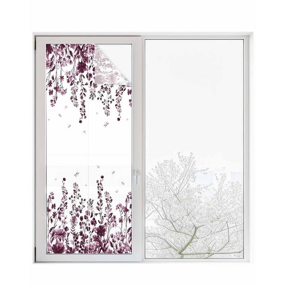 Window Privacy Film Red Botanical Stained Glass Window Film Decorative Sun Block Window Cover Dragonfly Flower Leaf Retro Chinese Window Clings Static Adhesive Sticker for Bathroom 29.5"x78.7"