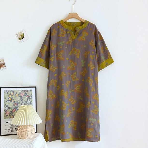 Vestido de cuello en V de manga corta retro de doble cara teñido en hilo de estilo nacional de verano para mujer falda teñida en hilo de longitud media Vestido de casa de algodón que se puede usar al