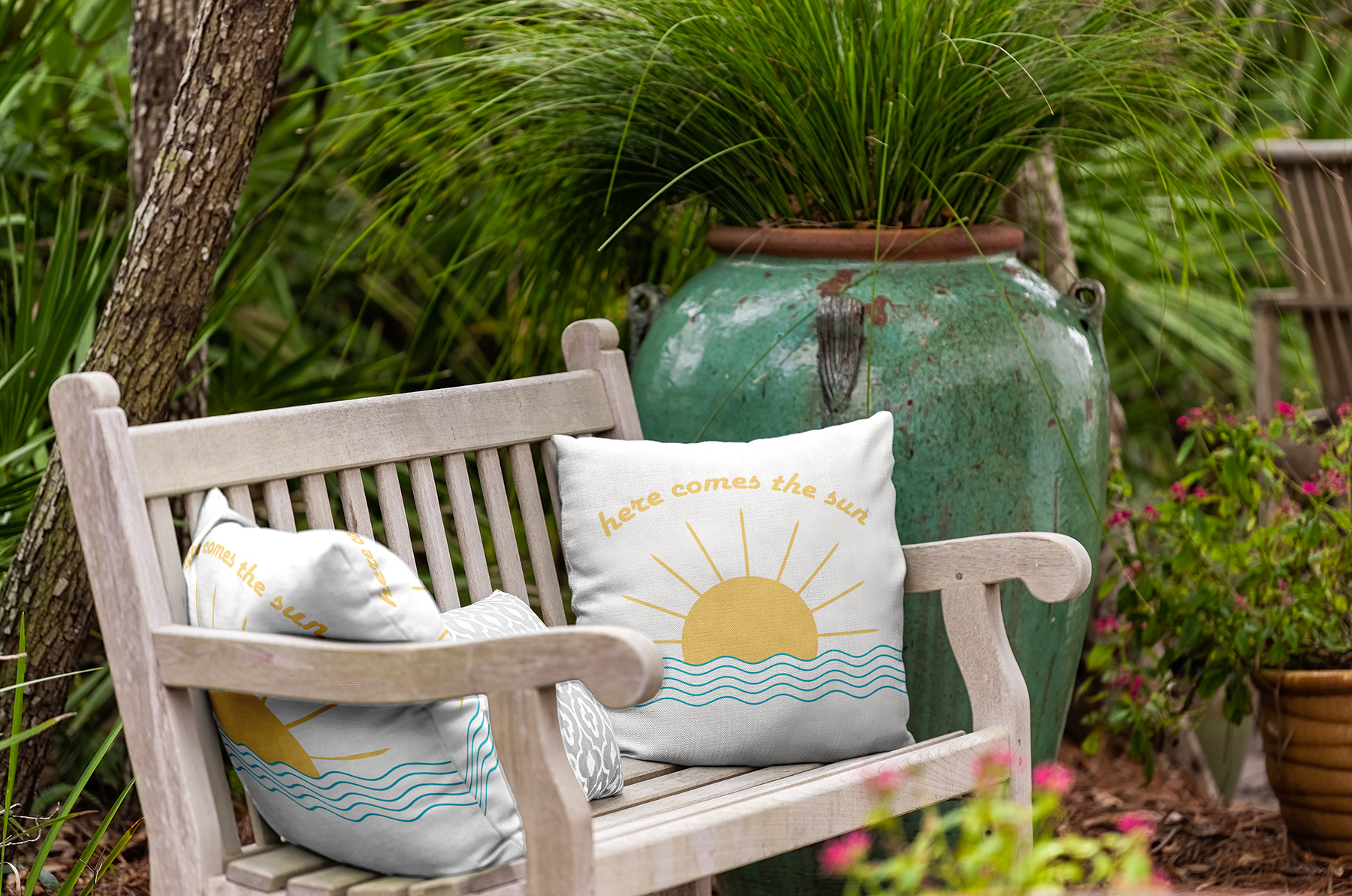 Simply Daisy 20" x 20" Here Comes The Sun Indoor/Outdoor Throw Pillow, Carribbean Turquoise (1 count)