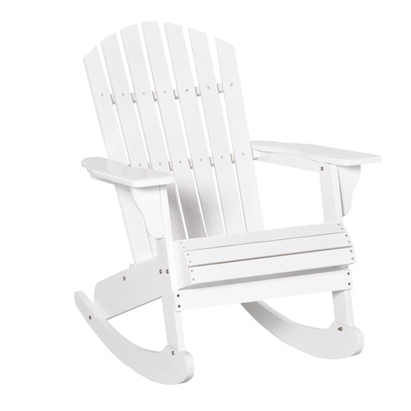 Adirondack Rocking Chair Outdoor Wooden Patio Chair - White Fire Pit Lounger with Slatted Seat & Fanned Back - Porch Rocker