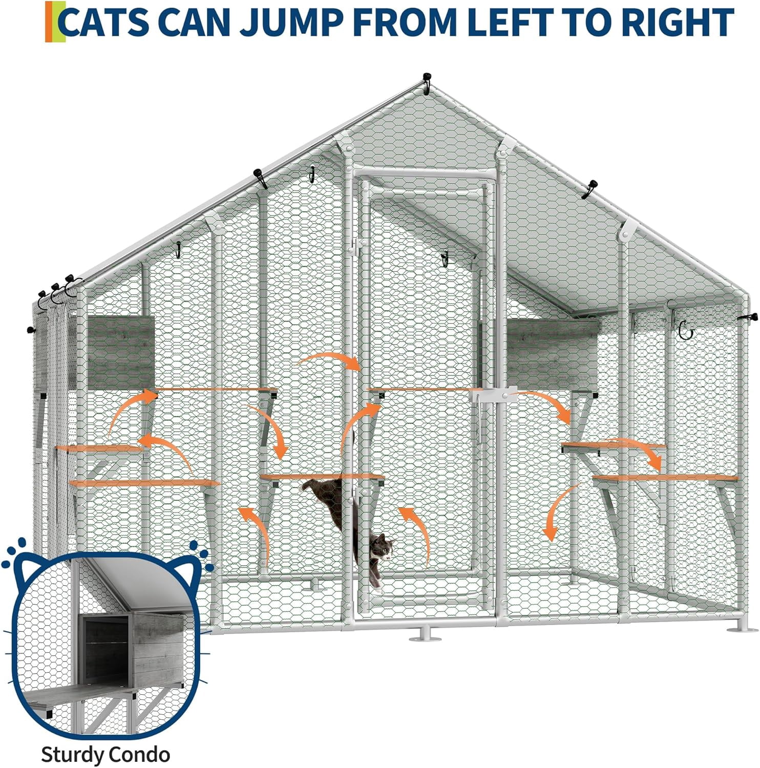 QinaQin Large Catio Outdoor Cat Enclosure for Multiple Cats, Outdoor Large Cat House with Waterproof Cover, 2 Resting Boxes and 7 Platforms, Extra Large Walk-in Cat Patio for Patio, Yard,Gray