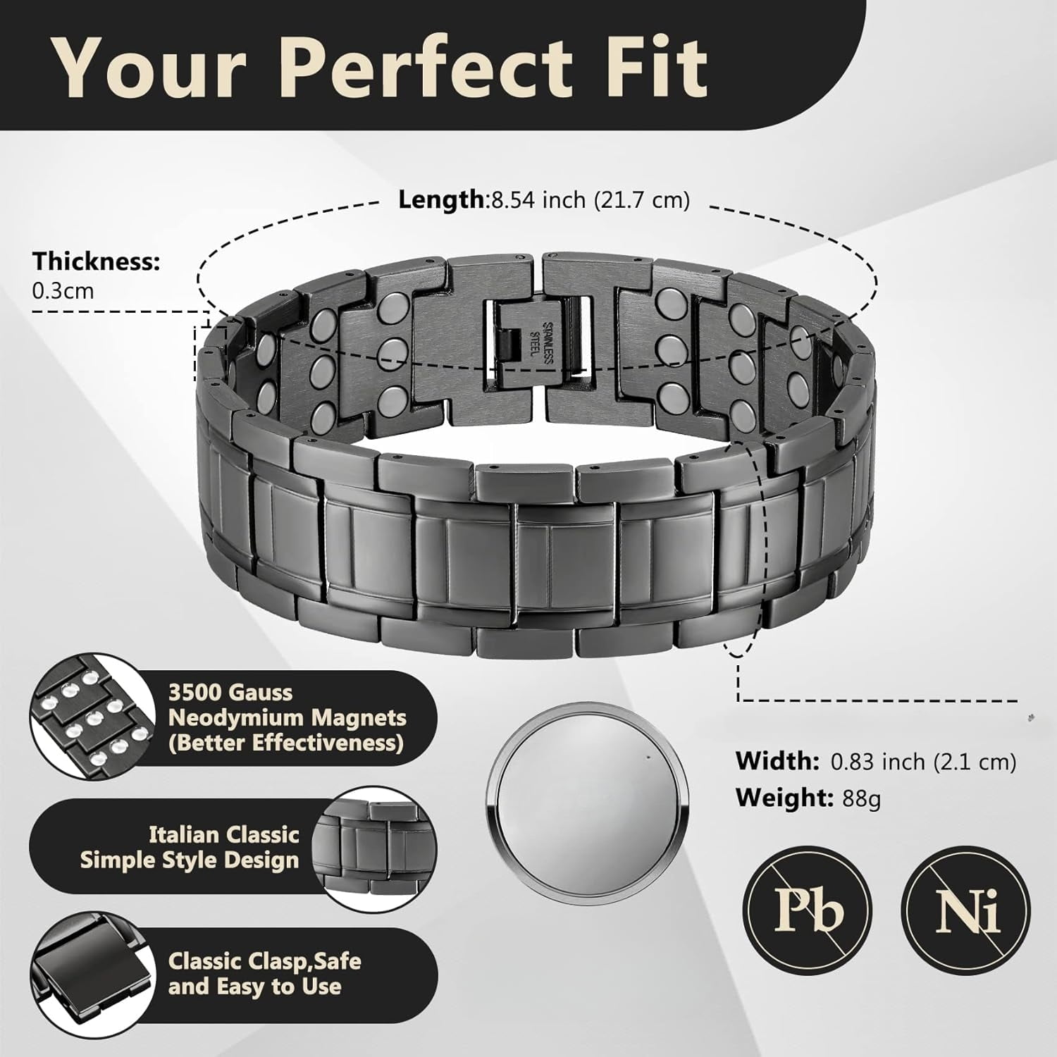 Wollet  Magnetic Bracelets for Men, Stainless Steel Bracelets with 3X Magnets，8.6inches（22cm）