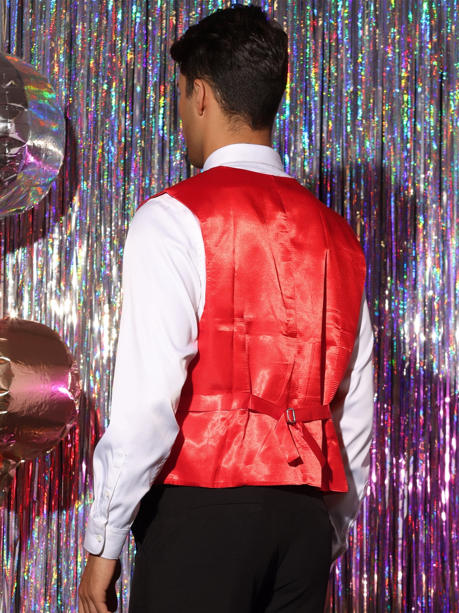 Unique Bargains Men's Sequin V-Neck Sleeveless Disco Sparkly Waistcoat Suit Vest L Red