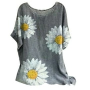 DDAPJ PYJU Women Short Sleeve Cotton Linen Shirts,Casual Print Long Blouse Crew Neck Gauze Shirt Spring Summer Lightweight Tops Loose Comfy Maternity Shirt