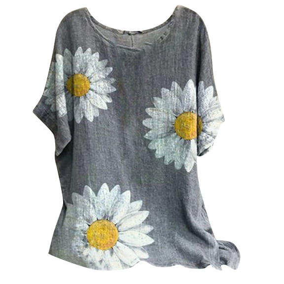 DDAPJ pyju Women Short Sleeve Cotton Linen Shirts,Casual Print Long Blouse Crew Neck Gauze Shirt Spring Summer Lightweight Tops Loose Comfy Maternity Shirt